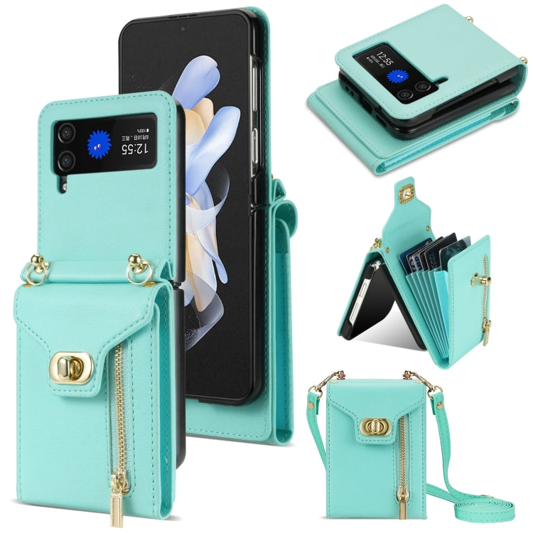 For Samsung Galaxy Z Flip4 Zipper Card Slots Folding Phone Case with Long Lanyard(Mint Green) - Galaxy Z Flip4 5G Cases by PMC TechLife | Online Shopping South Africa | PMC TechLife