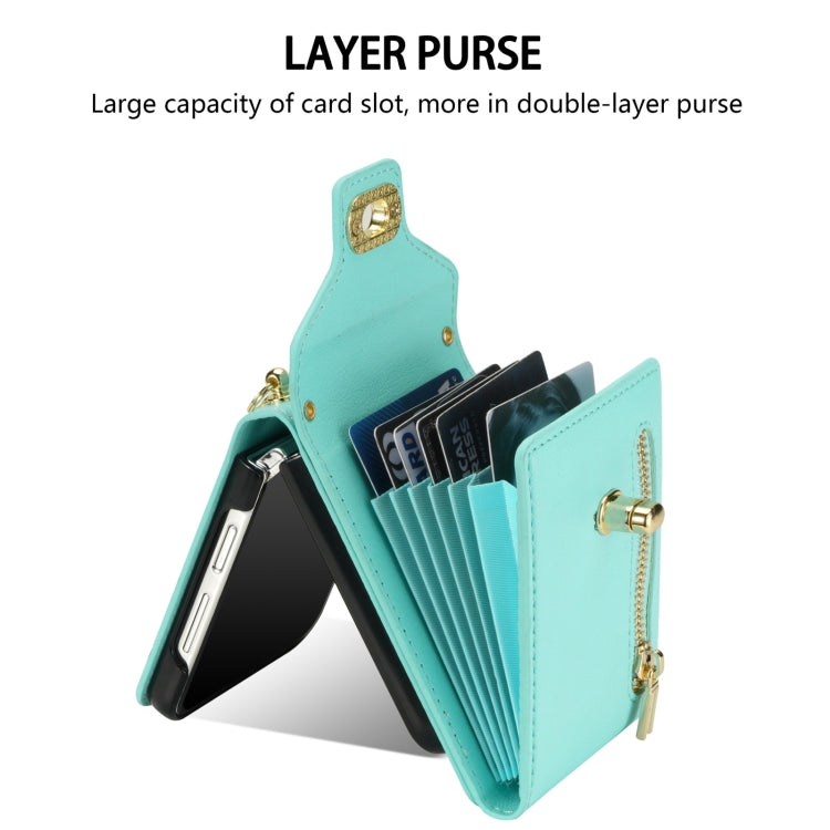 For Samsung Galaxy Z Flip4 Zipper Card Slots Folding Phone Case with Long Lanyard(Mint Green) - Galaxy Z Flip4 5G Cases by PMC TechLife | Online Shopping South Africa | PMC TechLife