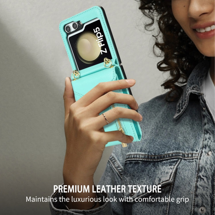 For Samsung Galaxy Z Flip4 Zipper Card Slots Folding Phone Case with Long Lanyard(Mint Green) - Galaxy Z Flip4 5G Cases by PMC TechLife | Online Shopping South Africa | PMC TechLife