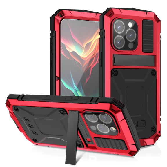 For iPhone 15 Pro Max R-JUST Shockproof Life Water-resistant Dust-proof Metal + Silicone Phone Case with Holder(Red)