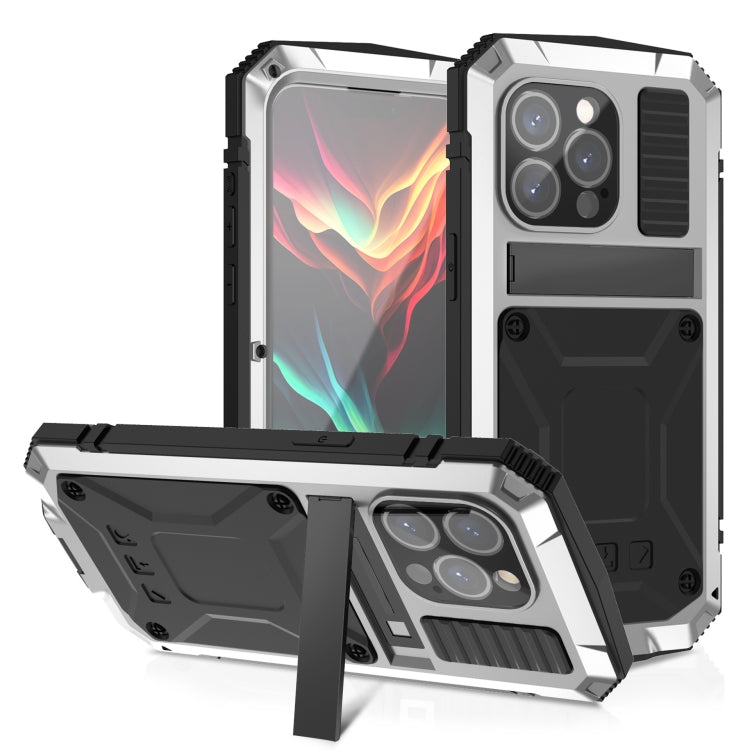 For iPhone 15 Pro Max R-JUST Shockproof Life Waterproof Dust-proof Metal + Silicone Phone Case with Holder(Silver) - iPhone 15 Pro Max Cases by R-JUST | Online Shopping South Africa | PMC TechLife