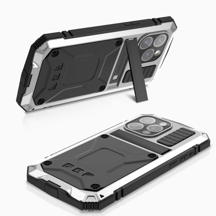 For iPhone 15 Pro Max R-JUST Shockproof Life Waterproof Dust-proof Metal + Silicone Phone Case with Holder(Silver) - iPhone 15 Pro Max Cases by R-JUST | Online Shopping South Africa | PMC TechLife