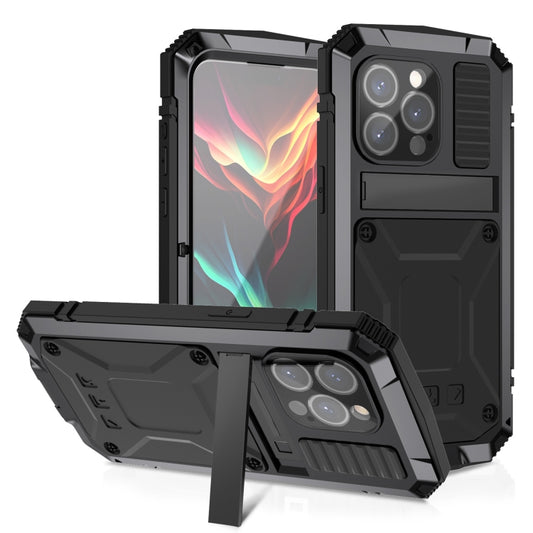 For iPhone 15 Pro R-JUST Shockproof Life Waterproof Dust-proof Metal + Silicone Phone Case with Holder(Black) - iPhone 15 Pro Cases by R-JUST | Online Shopping South Africa | PMC Jewellery | Buy Now Pay Later Mobicred