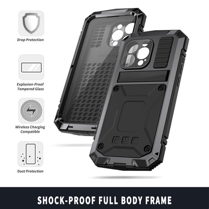 For iPhone 15 Pro R-JUST Shockproof Life Waterproof Dust-proof Metal + Silicone Phone Case with Holder(Black) - iPhone 15 Pro Cases by R-JUST | Online Shopping South Africa | PMC Jewellery | Buy Now Pay Later Mobicred