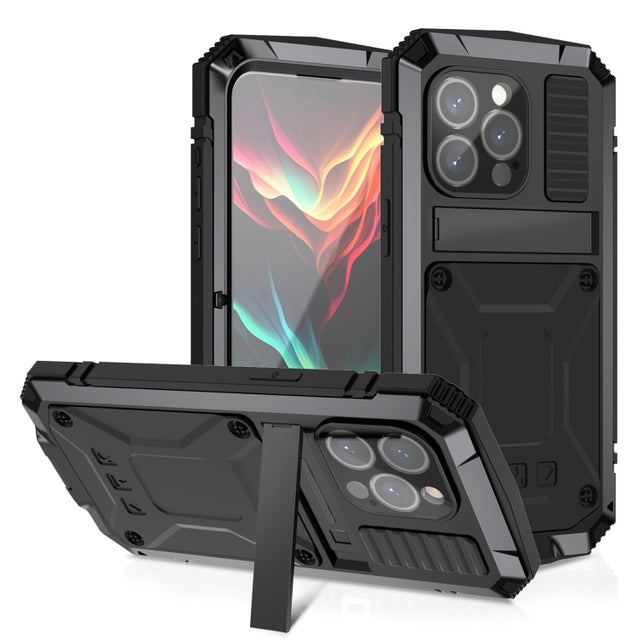 For iPhone 15 Pro R-JUST Shockproof Life Water-resistant Dust-proof Metal + Silicone Phone Case with Holder(Black)