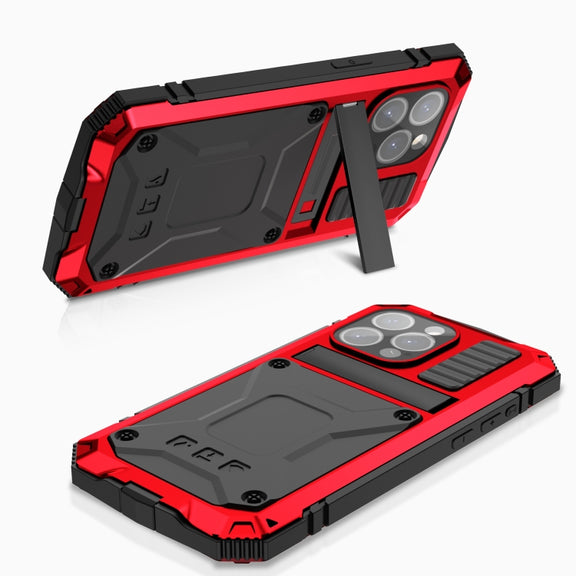 For iPhone 15 Pro R-JUST Shockproof Life Water-resistant Dust-proof Metal + Silicone Phone Case with Holder(Red)