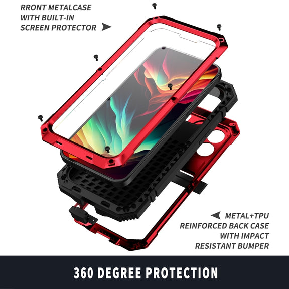 For iPhone 15 Pro R-JUST Shockproof Life Water-resistant Dust-proof Metal + Silicone Phone Case with Holder(Red)