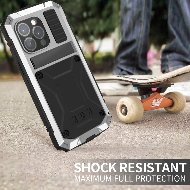 For iPhone 15 Pro R-JUST Shockproof Life Waterproof Dust-proof Metal + Silicone Phone Case with Holder(Silver) - iPhone 15 Pro Cases by R-JUST | Online Shopping South Africa | PMC TechLife