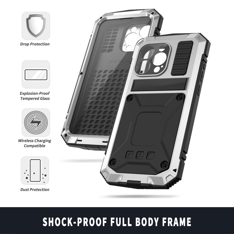 For iPhone 15 Pro R-JUST Shockproof Life Waterproof Dust-proof Metal + Silicone Phone Case with Holder(Silver) - iPhone 15 Pro Cases by R-JUST | Online Shopping South Africa | PMC TechLife