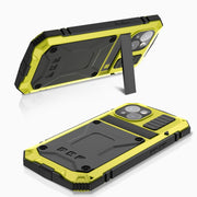 For iPhone 15 Plus R-JUST Shockproof Life Water-resistant Dust-proof Metal + Silicone Phone Case with Holder(Yellow)