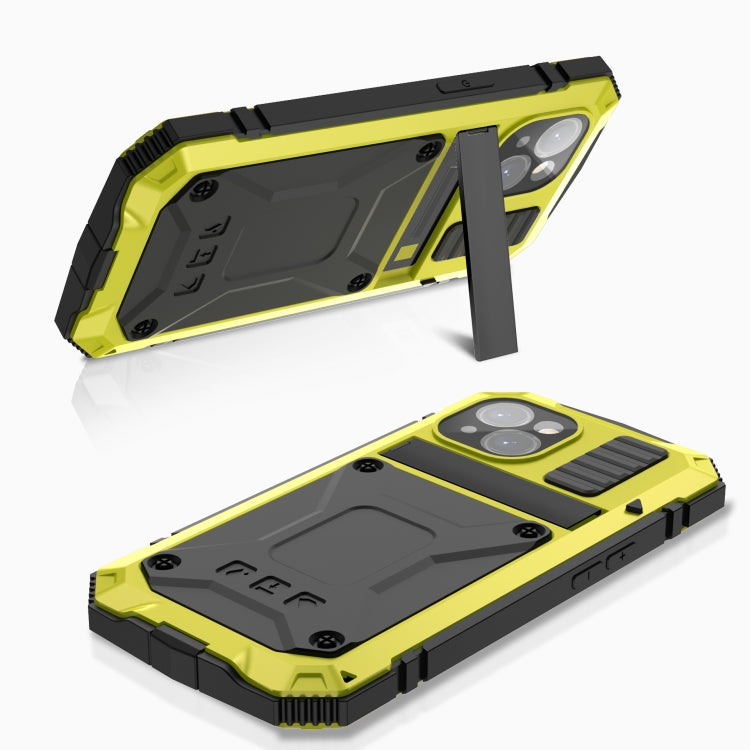 For iPhone 15 Plus R-JUST Shockproof Life Water-resistant Dust-proof Metal + Silicone Phone Case with Holder(Yellow)