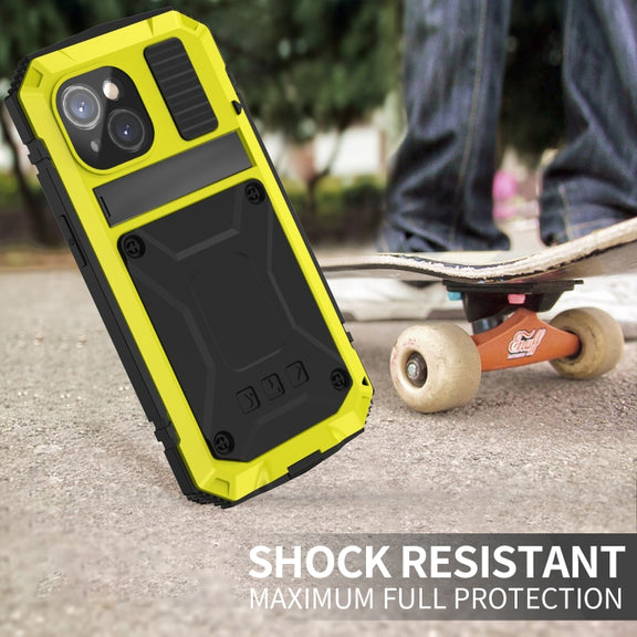 For iPhone 15 Plus R-JUST Shockproof Life Water-resistant Dust-proof Metal + Silicone Phone Case with Holder(Yellow)