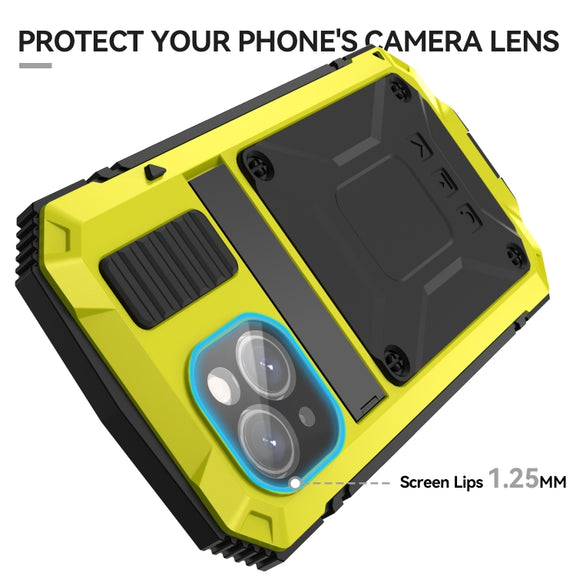 For iPhone 15 Plus R-JUST Shockproof Life Water-resistant Dust-proof Metal + Silicone Phone Case with Holder(Yellow)