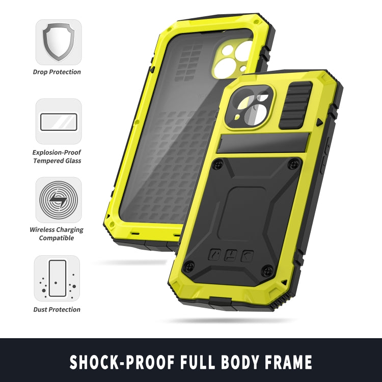 For iPhone 15 Plus R-JUST Shockproof Life Water-resistant Dust-proof Metal + Silicone Phone Case with Holder(Yellow)