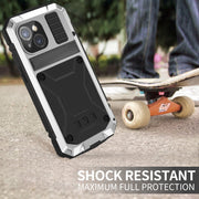 For iPhone 15 Plus R-JUST Shockproof Life Water-resistant Dust-proof Metal + Silicone Phone Case with Holder(Silver)