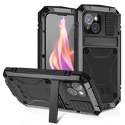 For iPhone 15 R-JUST Shockproof Life Water-resistant Dust-proof Metal + Silicone Phone Case with Holder(Black)