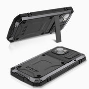 For iPhone 15 R-JUST Shockproof Life Water-resistant Dust-proof Metal + Silicone Phone Case with Holder(Black)