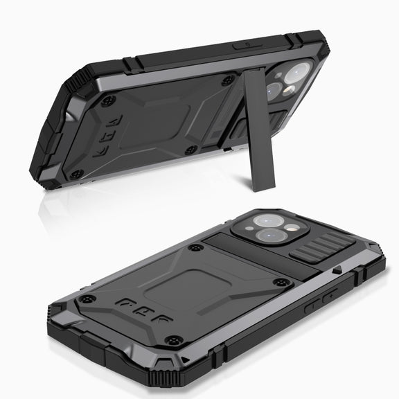 For iPhone 15 R-JUST Shockproof Life Water-resistant Dust-proof Metal + Silicone Phone Case with Holder(Black)