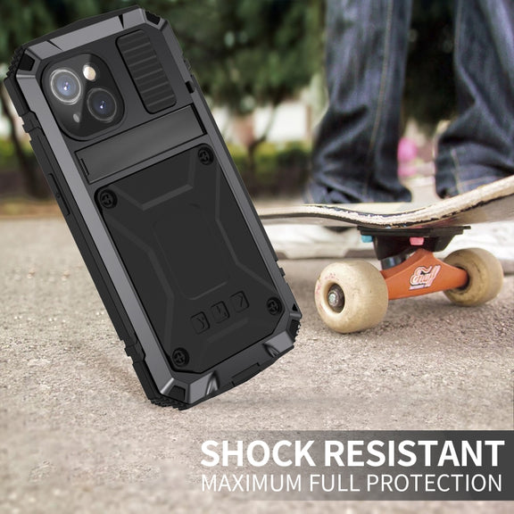 For iPhone 15 R-JUST Shockproof Life Water-resistant Dust-proof Metal + Silicone Phone Case with Holder(Black)