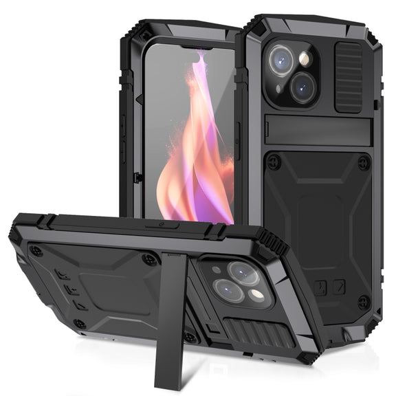For iPhone 15 R-JUST Shockproof Life Water-resistant Dust-proof Metal + Silicone Phone Case with Holder(Black)
