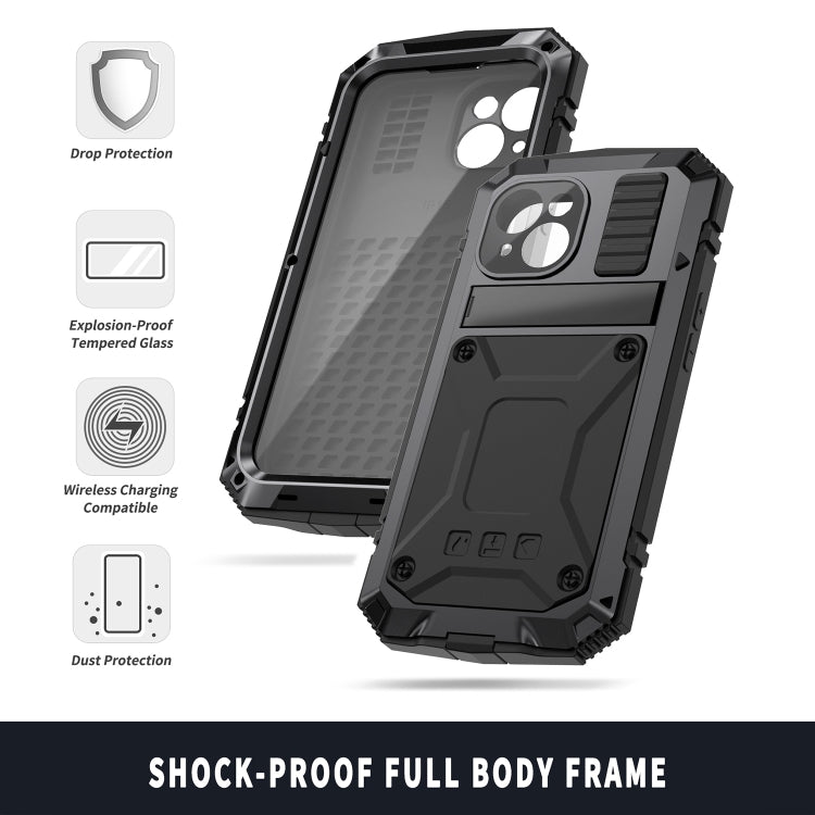 For iPhone 15 R-JUST Shockproof Life Water-resistant Dust-proof Metal + Silicone Phone Case with Holder(Black)