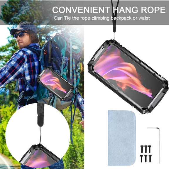 For iPhone 15 R-JUST Shockproof Life Water-resistant Dust-proof Metal + Silicone Phone Case with Holder(Black)