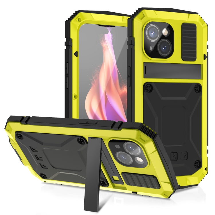 For iPhone 15 R-JUST Shockproof Life Waterproof Dust-proof Metal + Silicone Phone Case with Holder(Yellow) - iPhone 15 Cases by R-JUST | Online Shopping South Africa | PMC TechLife | Buy Now Pay Later Mobicred