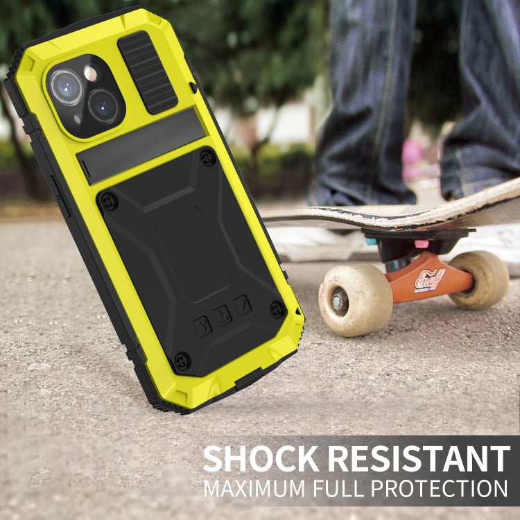 For iPhone 15 R-JUST Shockproof Life Water-resistant Dust-proof Metal + Silicone Phone Case with Holder(Yellow)