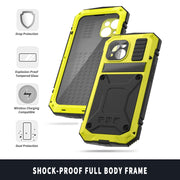 For iPhone 15 R-JUST Shockproof Life Water-resistant Dust-proof Metal + Silicone Phone Case with Holder(Yellow)