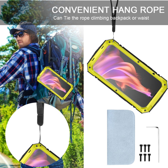 For iPhone 15 R-JUST Shockproof Life Water-resistant Dust-proof Metal + Silicone Phone Case with Holder(Yellow)