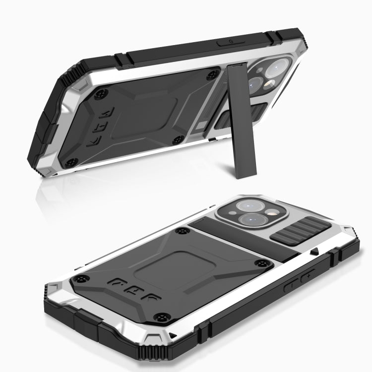 For iPhone 15 R-JUST Shockproof Life Waterproof Dust-proof Metal + Silicone Phone Case with Holder(Silver) - iPhone 15 Cases by R-JUST | Online Shopping South Africa | PMC TechLife | Buy Now Pay Later Mobicred