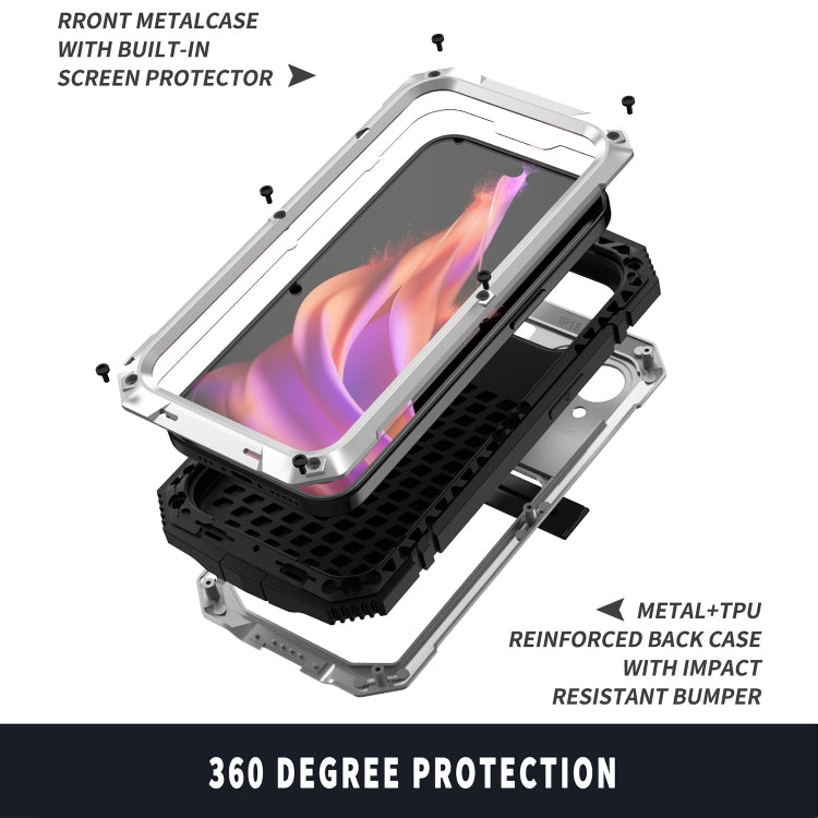 For iPhone 15 R-JUST Shockproof Life Waterproof Dust-proof Metal + Silicone Phone Case with Holder(Silver) - iPhone 15 Cases by R-JUST | Online Shopping South Africa | PMC TechLife | Buy Now Pay Later Mobicred