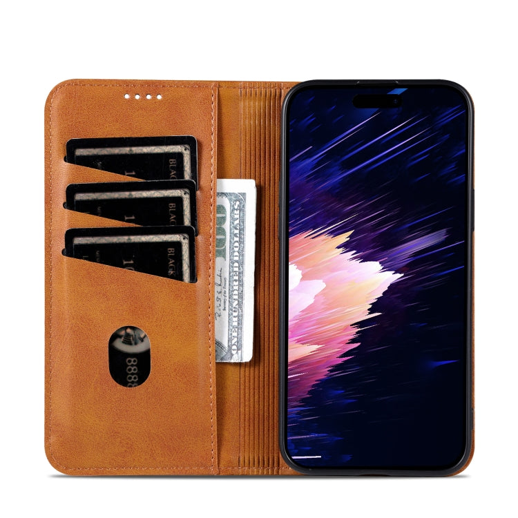 For iPhone 16 AZNS Magnetic Calf Texture Flip Leather Phone Case(Light Brown)