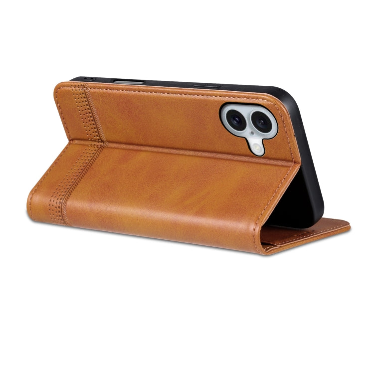 For iPhone 16 AZNS Magnetic Calf Texture Flip Leather Phone Case(Light Brown)