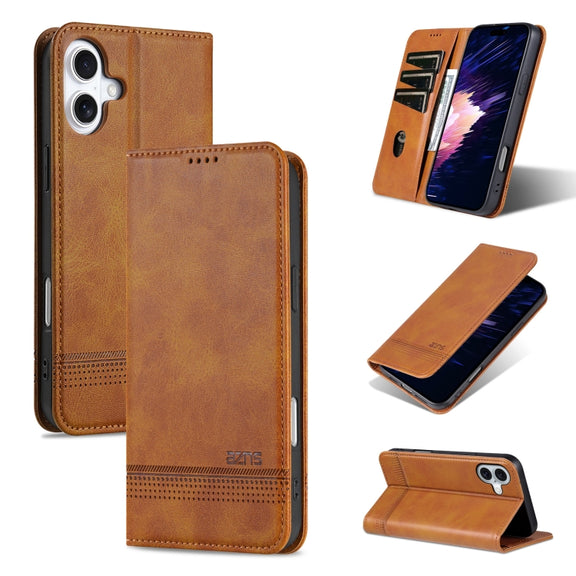 For iPhone 16 AZNS Magnetic Calf Texture Flip Leather Phone Case(Light Brown)