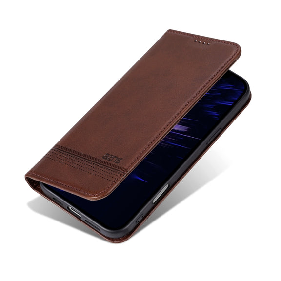 For iPhone 16 AZNS Magnetic Calf Texture Flip Leather Phone Case(Dark Brown)