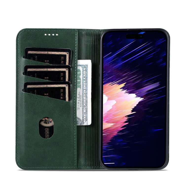 For iPhone 16 AZNS Magnetic Calf Texture Flip Leather Phone Case(Dark Green)