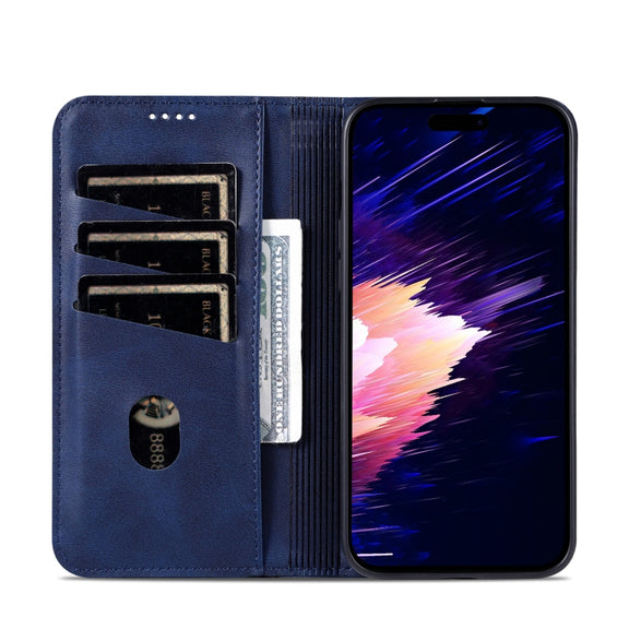 For iPhone 16 AZNS Magnetic Calf Texture Flip Leather Phone Case(Dark Blue)
