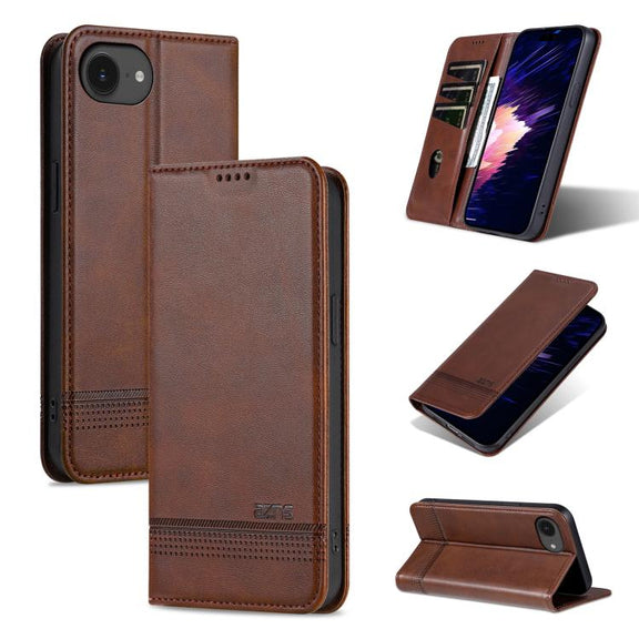 For iPhone 16e AZNS Magnetic Calf Texture Flip Leather Phone Case(Dark Brown)
