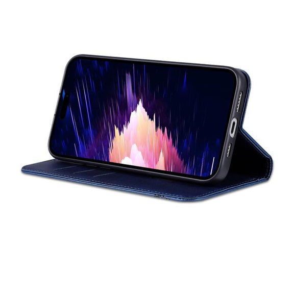 For iPhone 16e AZNS Magnetic Calf Texture Flip Leather Phone Case(Dark Blue)