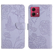 For Motorola Moto G84 HT03 Skin Feel Butterfly Embossed Flip Leather Phone Case(Purple)
