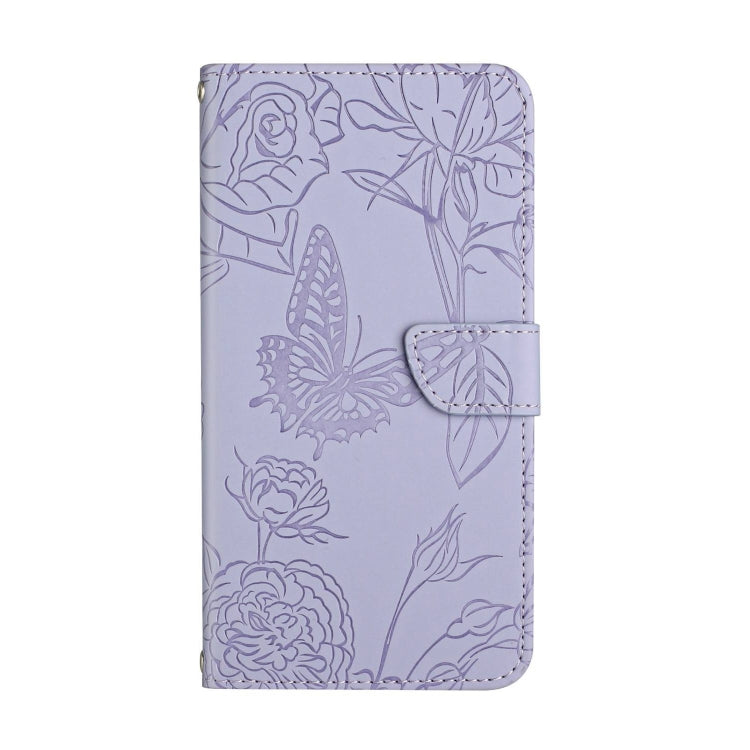 For Motorola Moto G84 HT03 Skin Feel Butterfly Embossed Flip Leather Phone Case(Purple)
