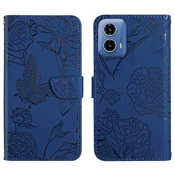 For Motorola Edge 5G 2024 HT03 Skin Feel Butterfly Embossed Flip Leather Phone Case(Blue)