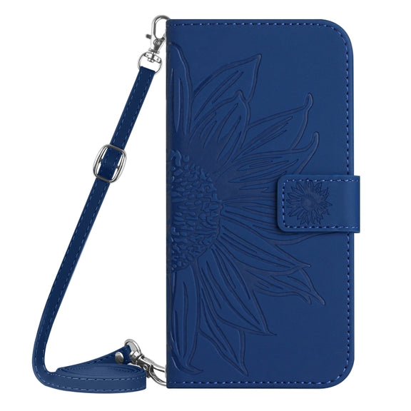 For Motorola Moto G Play 5G 2024 HT04 Skin Feel Sun Flower Embossed Flip Leather Phone Case with Lanyard(Dark Blue)