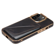 For iPhone 15 Pro Max Denior Oil Wax Leather Electroplating Card Slot Holder Phone Case(Black)