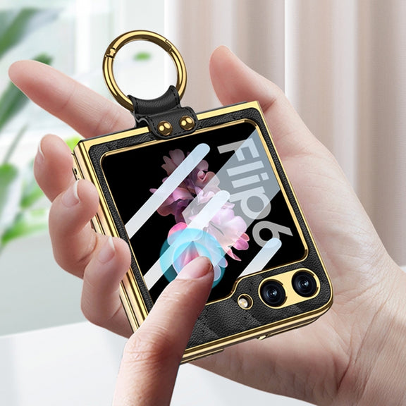 For Samsung Galaxy Z Flip6 GKK Integrated Plating Diamond Texture PU Phone Case with Ring(Matcha Green)
