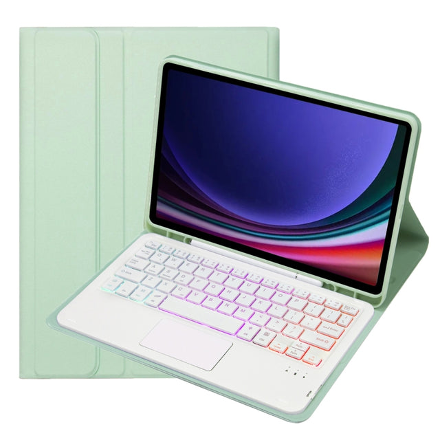 For Samsung Galaxy Tab S9 FE / 10 FE Candy Color Touch Backlight Bluetooth Keyboard Leather Tablet Case with Pen Holder(Light Green)