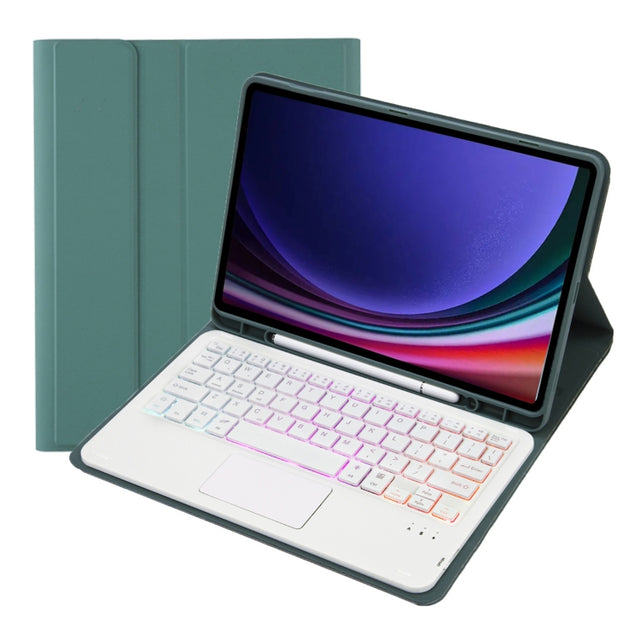 For Samsung Galaxy Tab S9 FE / 10 FE Candy Color Touch Backlight Bluetooth Keyboard Leather Tablet Case with Pen Holder(Dark Green)