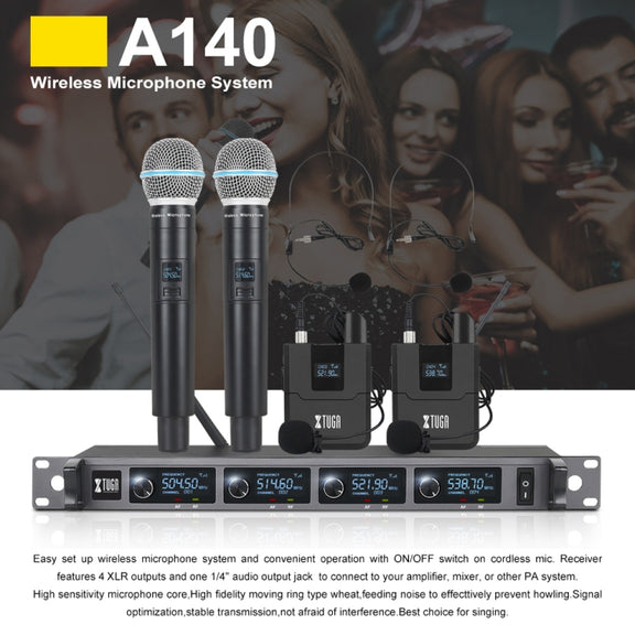 XTUGA A140-H Wireless Microphone System 4 Channel UHF Handheld Microphone(UK Plug)