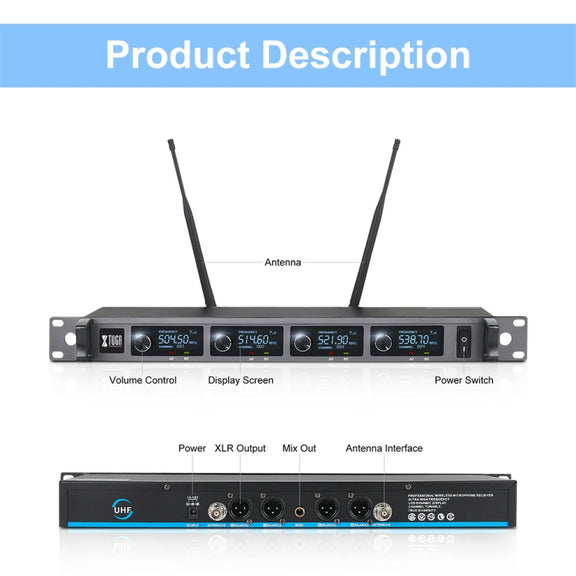 XTUGA A140-H Wireless Microphone System 4 Channel UHF Handheld Microphone(AU Plug)